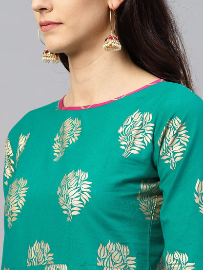 Green Floral Printed Kurta Set With Checked Magenta Skirt | LASVINI - Redefining Indian Fashion with Elegance