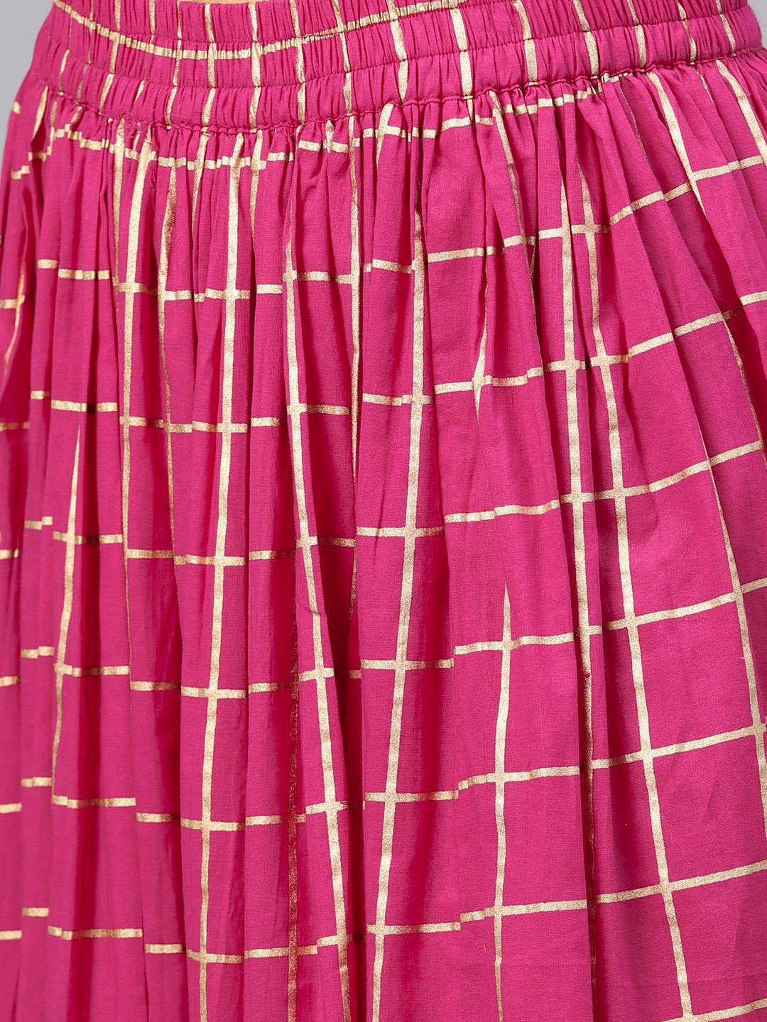 Green Floral Printed Kurta Set With Checked Magenta Skirt | LASVINI - Redefining Indian Fashion with Elegance