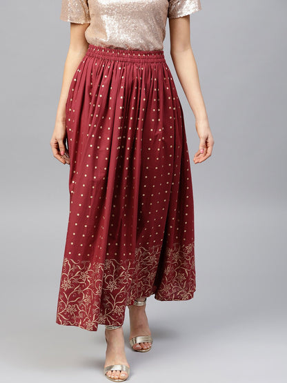 Maroon Printed Flared Ankle Length Skirt | LASVINI - Redefining Indian Fashion with Elegance