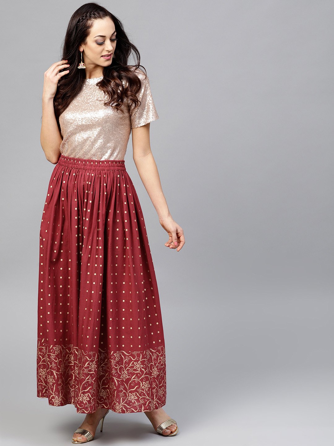 Maroon Printed Flared Ankle Length Skirt | LASVINI - Redefining Indian Fashion with Elegance