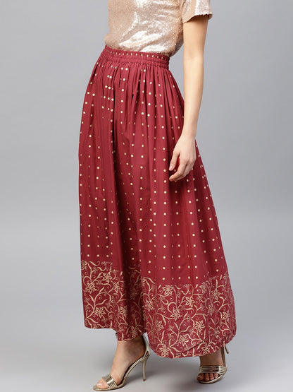 Maroon Printed Flared Ankle Length Skirt | LASVINI - Redefining Indian Fashion with Elegance