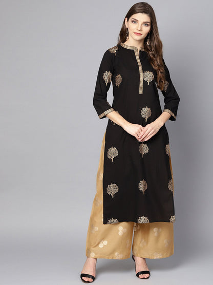 Black Gold Printed 3/4Th Sleeve Cotton Kurta Set With Mustard Palazzo | LASVINI - Redefining Indian Fashion with Elegance