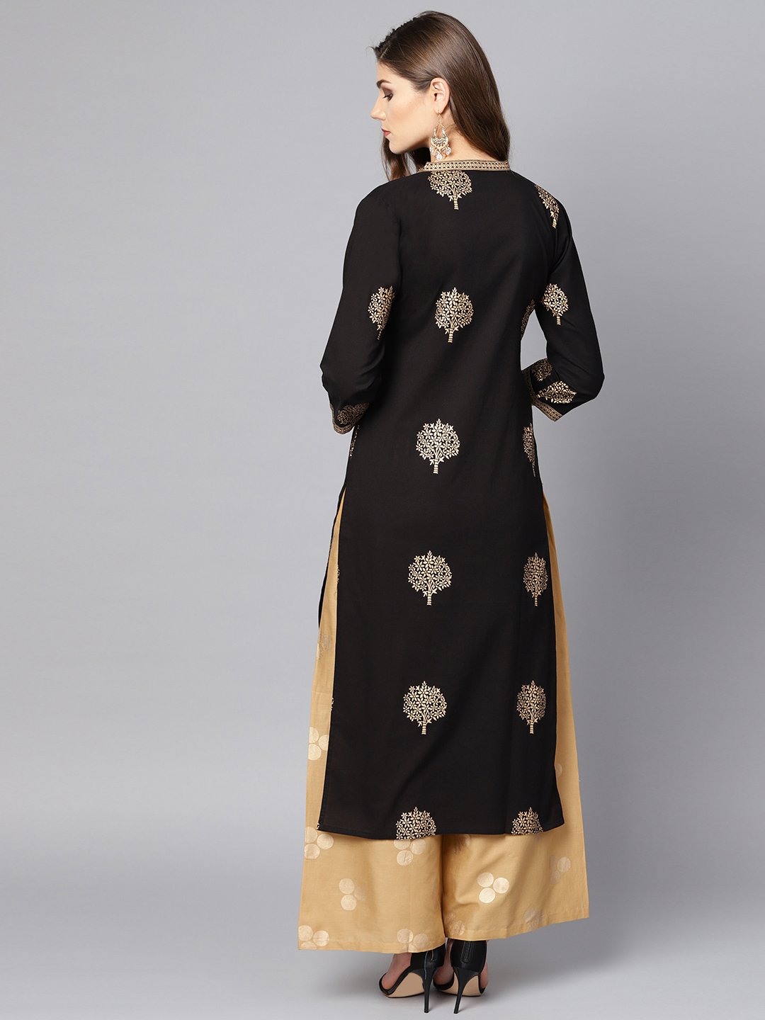 Black Gold Printed 3/4Th Sleeve Cotton Kurta Set With Mustard Palazzo | LASVINI - Redefining Indian Fashion with Elegance