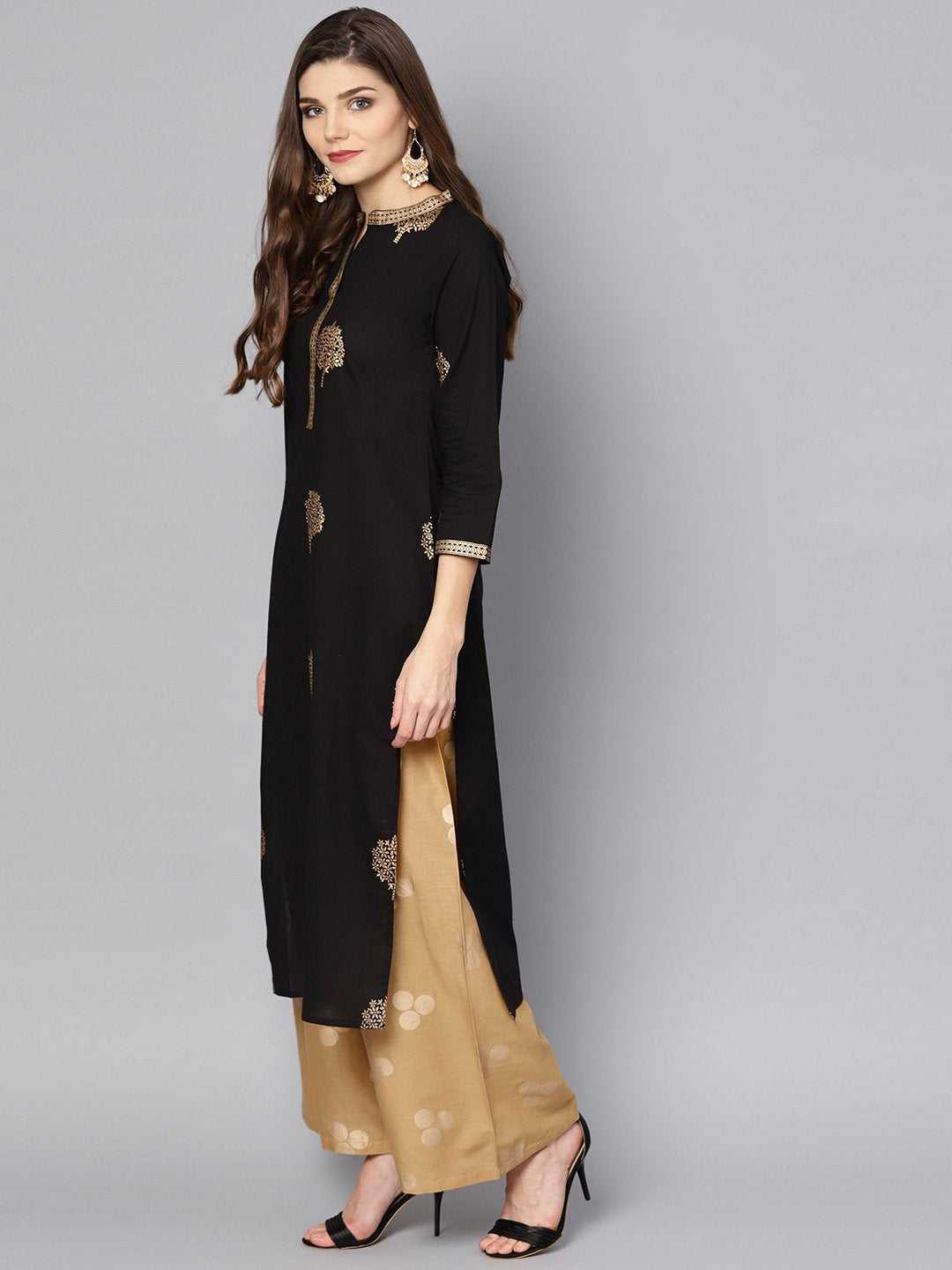 Black Gold Printed 3/4Th Sleeve Cotton Kurta Set With Mustard Palazzo | LASVINI - Redefining Indian Fashion with Elegance