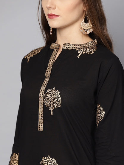 Black Gold Printed 3/4Th Sleeve Cotton Kurta Set With Mustard Palazzo | LASVINI - Redefining Indian Fashion with Elegance