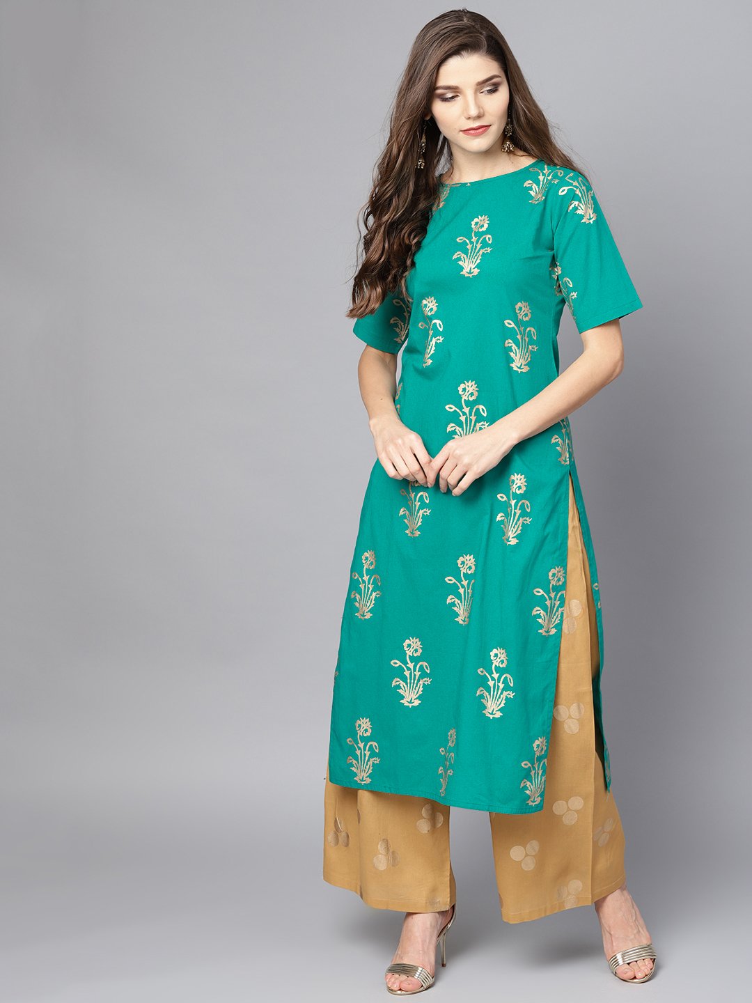 Green Printed Half Sleeve Kurta Set With Mustard Palazzo | LASVINI - Redefining Indian Fashion with Elegance