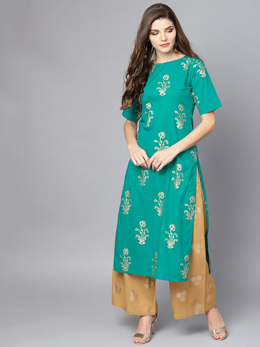 Green Printed Half Sleeve Kurta Set With Mustard Palazzo | LASVINI - Redefining Indian Fashion with Elegance