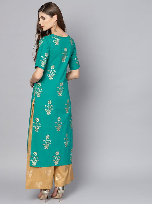 Green Printed Half Sleeve Kurta Set With Mustard Palazzo | LASVINI - Redefining Indian Fashion with Elegance