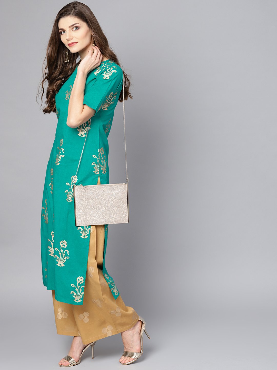 Green Printed Half Sleeve Kurta Set With Mustard Palazzo | LASVINI - Redefining Indian Fashion with Elegance