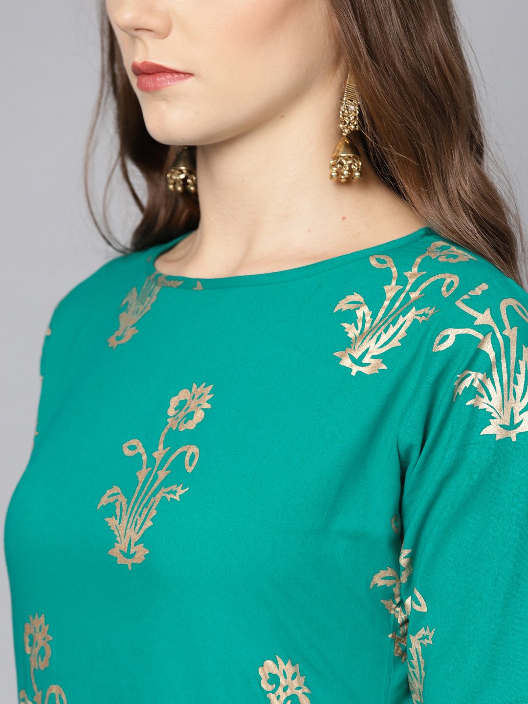Green Printed Half Sleeve Kurta Set With Mustard Palazzo | LASVINI - Redefining Indian Fashion with Elegance