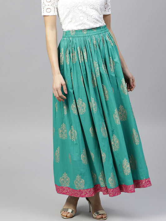 Green Printed  Flared Ankle Length Skirt | LASVINI - Redefining Indian Fashion with Elegance