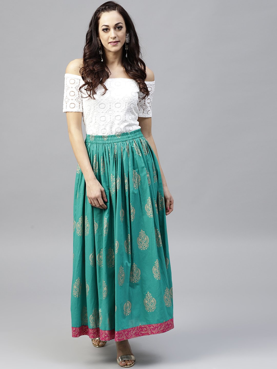 Green Printed  Flared Ankle Length Skirt | LASVINI - Redefining Indian Fashion with Elegance