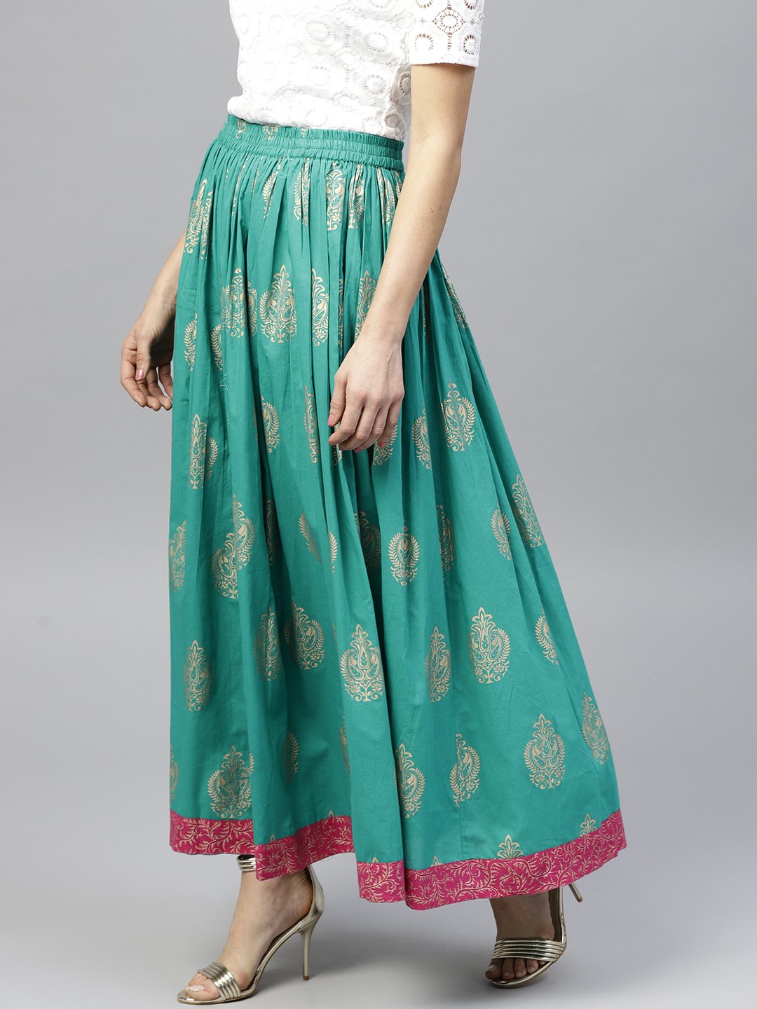 Green Printed  Flared Ankle Length Skirt | LASVINI - Redefining Indian Fashion with Elegance