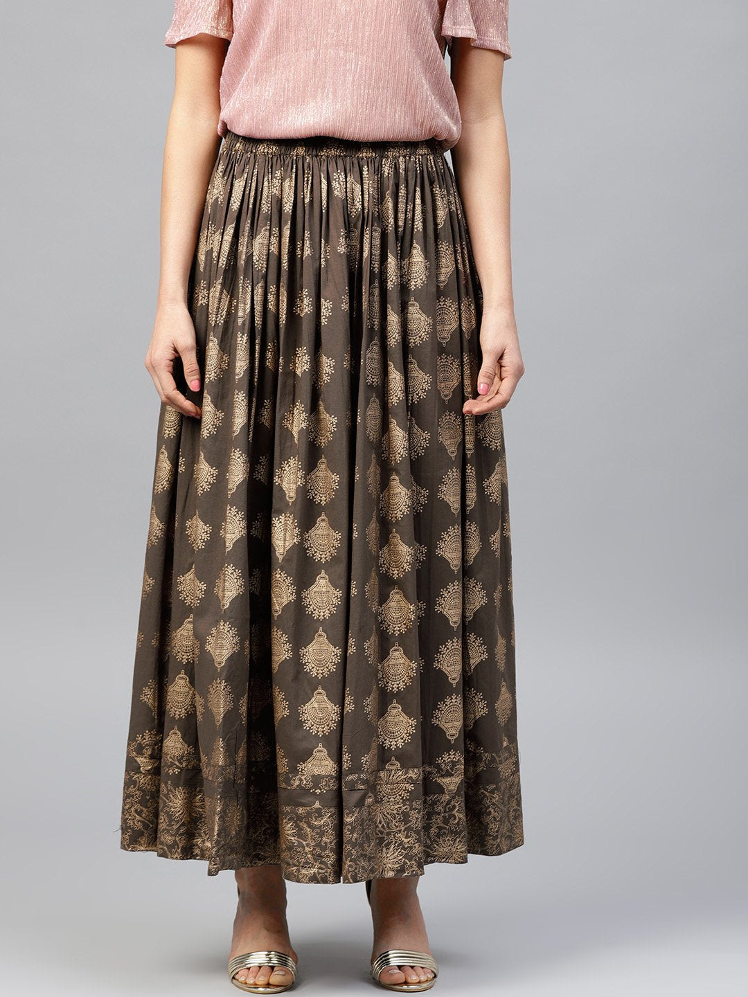 Mud Brown Printed Flared Ankle Length Skirt | LASVINI - Redefining Indian Fashion with Elegance