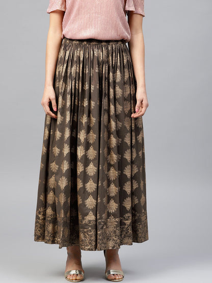 Mud Brown Printed Flared Ankle Length Skirt | LASVINI - Redefining Indian Fashion with Elegance