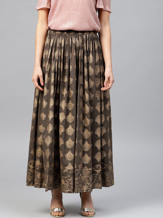 Mud Brown Printed Flared Ankle Length Skirt | LASVINI - Redefining Indian Fashion with Elegance