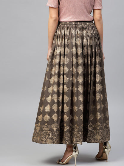 Mud Brown Printed Flared Ankle Length Skirt | LASVINI - Redefining Indian Fashion with Elegance
