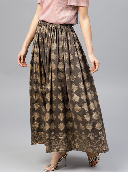 Mud Brown Printed Flared Ankle Length Skirt | LASVINI - Redefining Indian Fashion with Elegance