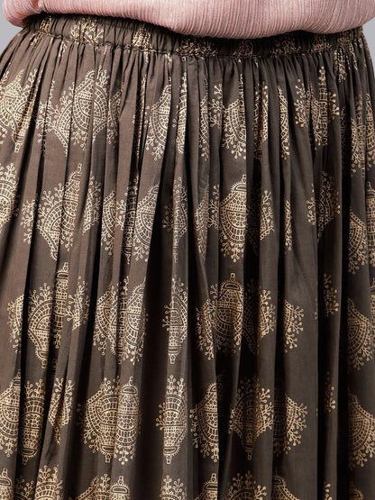 Mud Brown Printed Flared Ankle Length Skirt | LASVINI - Redefining Indian Fashion with Elegance