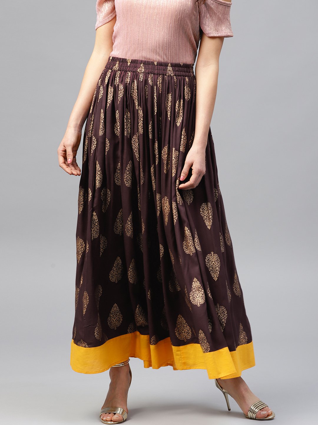 Chocolate Brown Printed Flared Skirt | LASVINI - Redefining Indian Fashion with Elegance