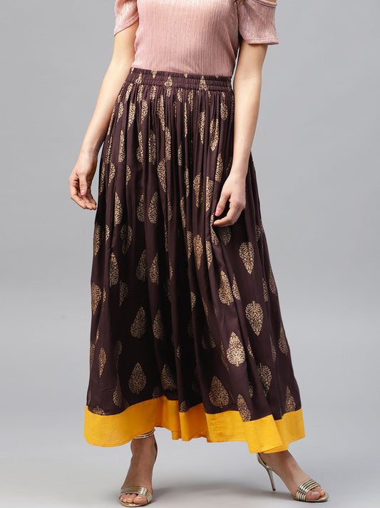 Chocolate Brown Printed Flared Skirt | LASVINI - Redefining Indian Fashion with Elegance