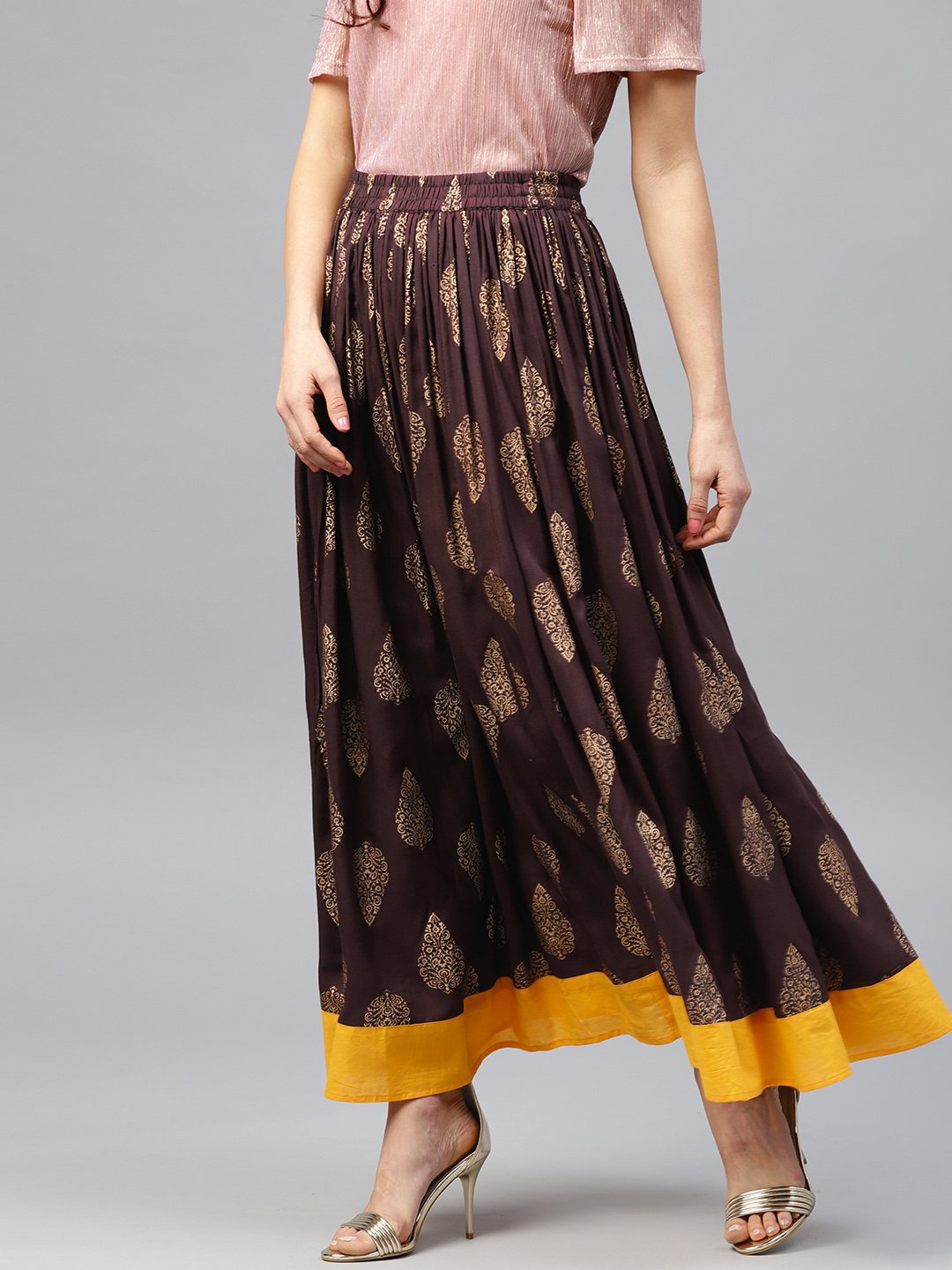 Chocolate Brown Printed Flared Skirt | LASVINI - Redefining Indian Fashion with Elegance