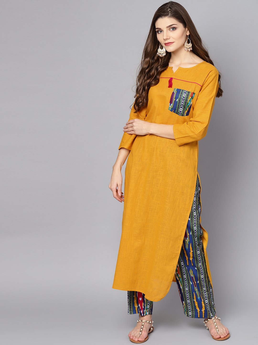 Yellow 3/4Th Sleeve Cotton Kurta With Multi Color Ankle Length Pant | LASVINI - Redefining Indian Fashion with Elegance