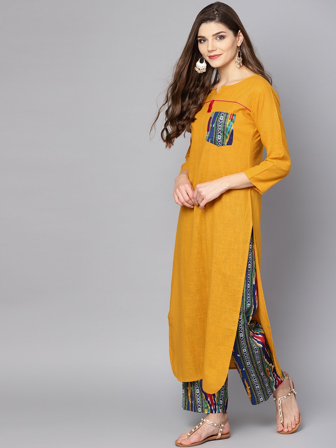Yellow 3/4Th Sleeve Cotton Kurta With Multi Color Ankle Length Pant | LASVINI - Redefining Indian Fashion with Elegance