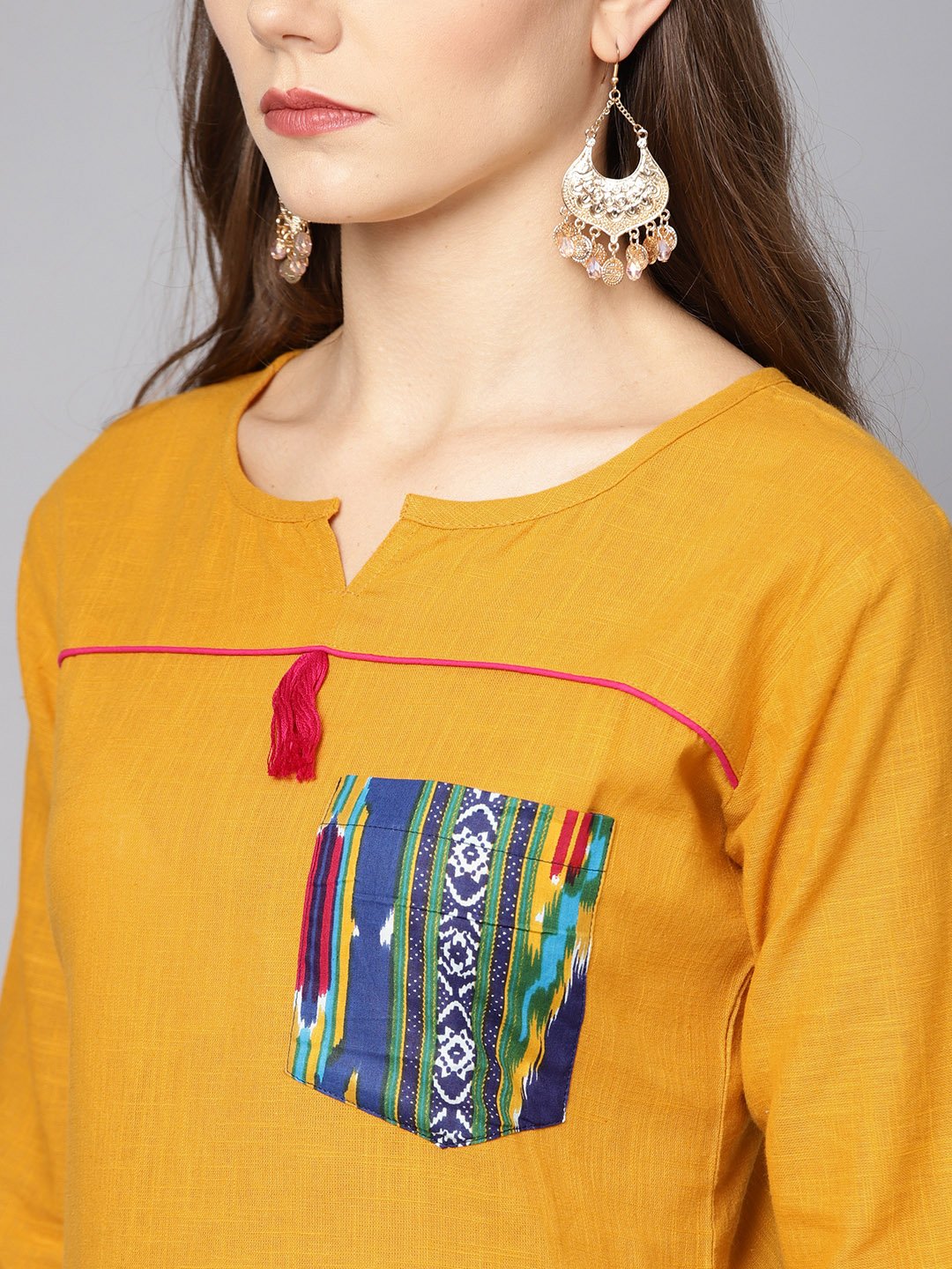 Yellow 3/4Th Sleeve Cotton Kurta With Multi Color Ankle Length Pant | LASVINI - Redefining Indian Fashion with Elegance