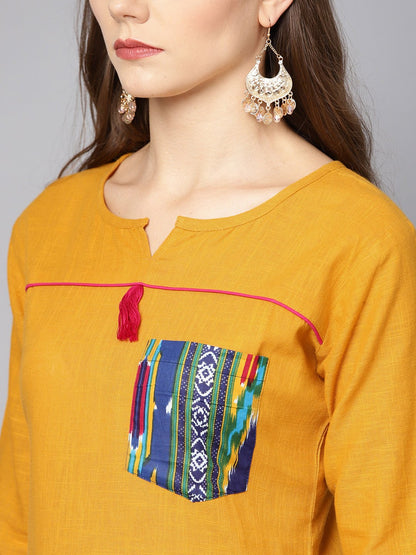 Yellow 3/4Th Sleeve Cotton Kurta With Multi Color Ankle Length Pant | LASVINI - Redefining Indian Fashion with Elegance