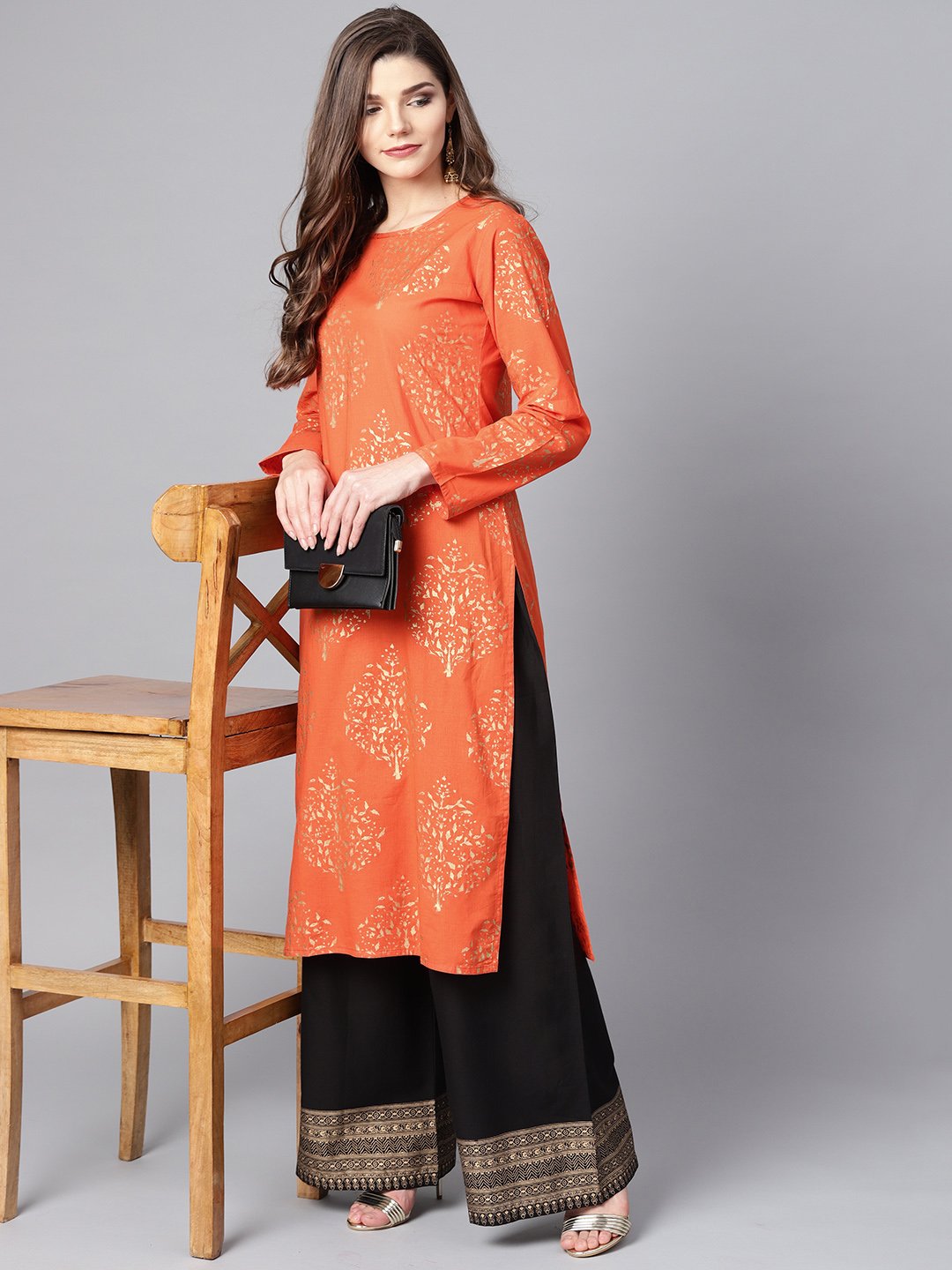 Orange Printed Kurta Set With Dark Brown Bordered Palazzo | LASVINI - Redefining Indian Fashion with Elegance