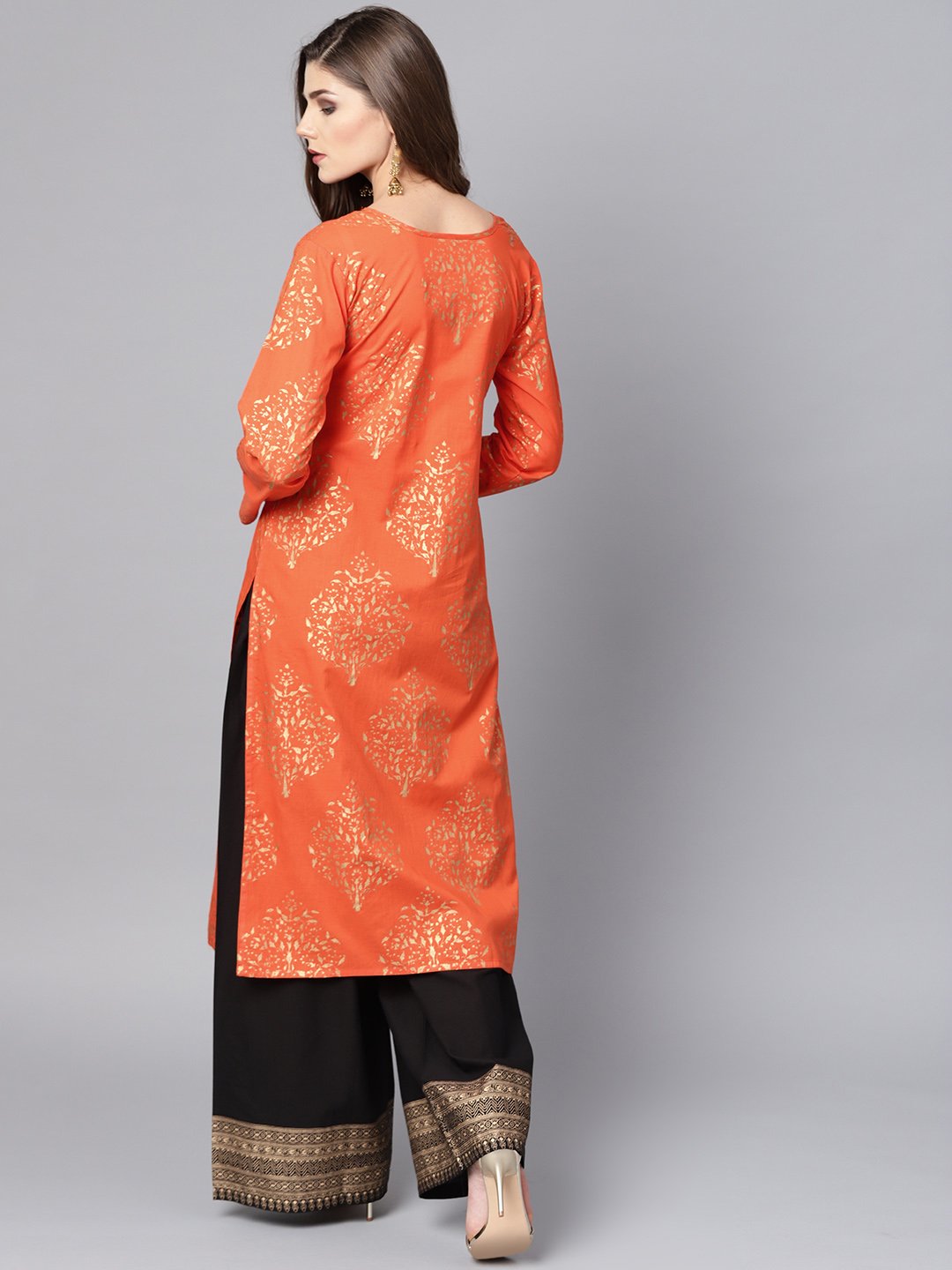 Orange Printed Kurta Set With Dark Brown Bordered Palazzo | LASVINI - Redefining Indian Fashion with Elegance