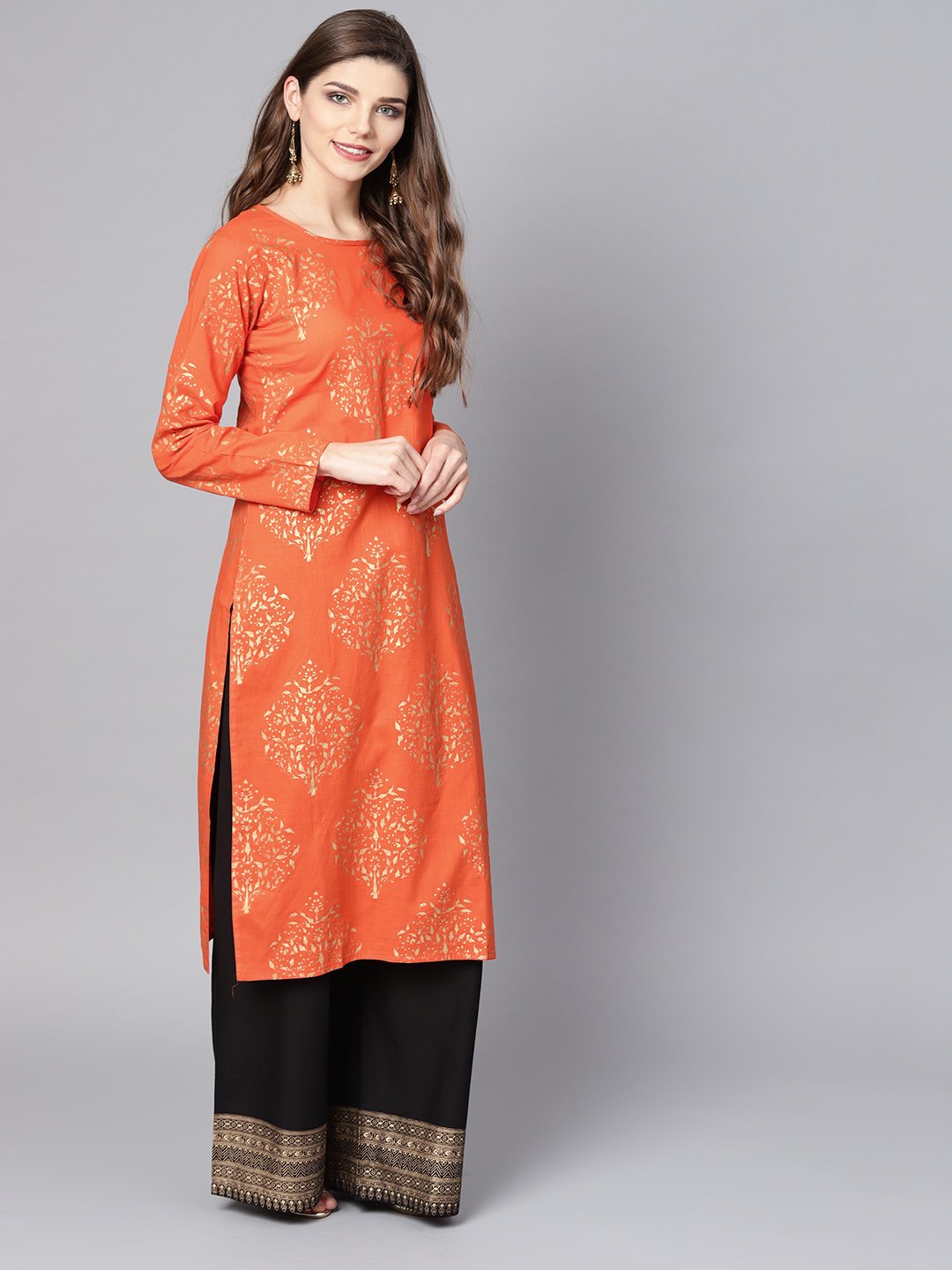Orange Printed Kurta Set With Dark Brown Bordered Palazzo | LASVINI - Redefining Indian Fashion with Elegance