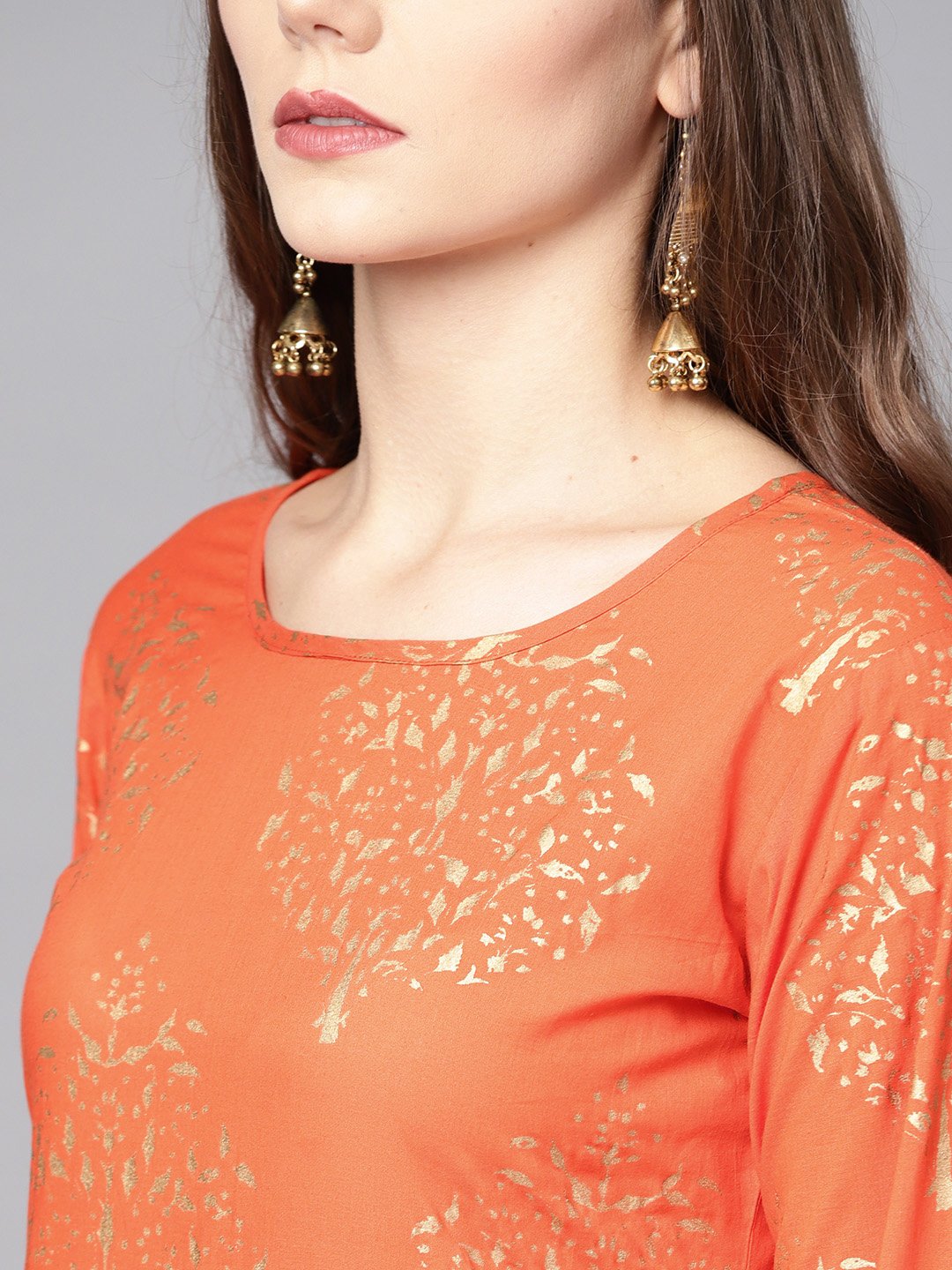 Orange Printed Kurta Set With Dark Brown Bordered Palazzo | LASVINI - Redefining Indian Fashion with Elegance
