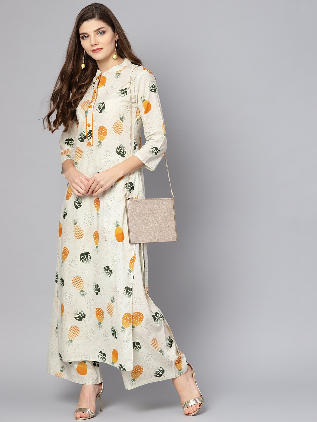 Off White 3/4Th Sleeve Printed Cotton Kurta With Ankle Length Palazzo | LASVINI - Redefining Indian Fashion with Elegance