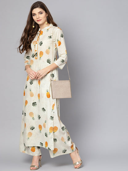 Off White 3/4Th Sleeve Printed Cotton Kurta With Ankle Length Palazzo | LASVINI - Redefining Indian Fashion with Elegance