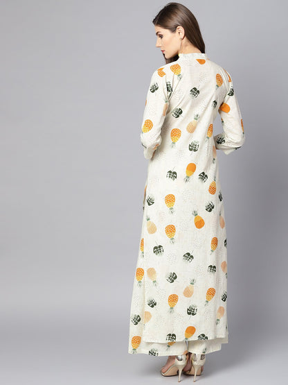 Off White 3/4Th Sleeve Printed Cotton Kurta With Ankle Length Palazzo | LASVINI - Redefining Indian Fashion with Elegance