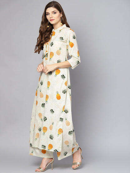 Off White 3/4Th Sleeve Printed Cotton Kurta With Ankle Length Palazzo | LASVINI - Redefining Indian Fashion with Elegance