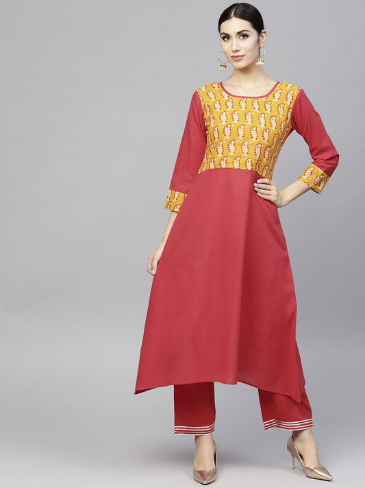 Round Neck Red Printed 3/4Th Sleeve Cotton Kurta Set With Printed Masturd Palazzo | LASVINI - Redefining Indian Fashion with Elegance
