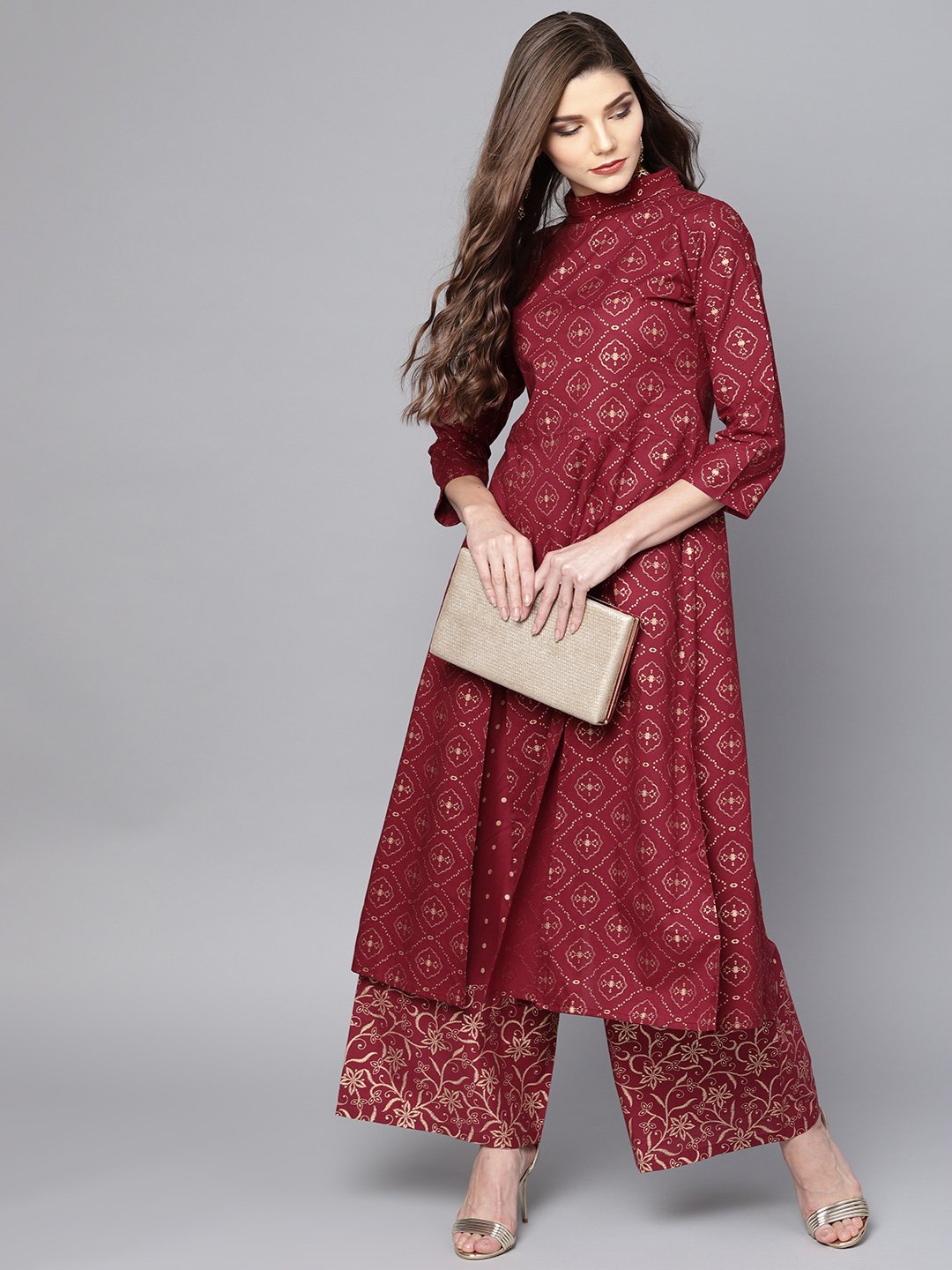 Maroon Printed 3/4Th Sleeve A-Line Cotton Kurta With Printed Ankle Length Palazzo | LASVINI - Redefining Indian Fashion with Elegance