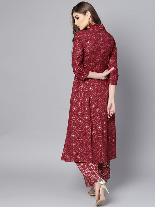 Maroon Printed 3/4Th Sleeve A-Line Cotton Kurta With Printed Ankle Length Palazzo | LASVINI - Redefining Indian Fashion with Elegance