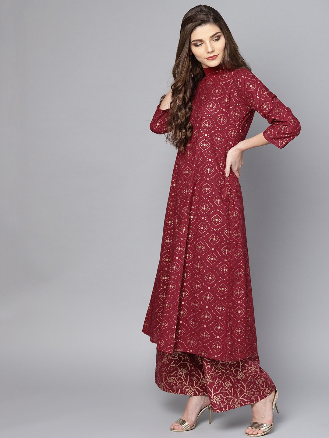 Maroon Printed 3/4Th Sleeve A-Line Cotton Kurta With Printed Ankle Length Palazzo | LASVINI - Redefining Indian Fashion with Elegance
