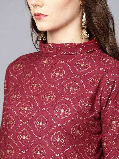 Maroon Printed 3/4Th Sleeve A-Line Cotton Kurta With Printed Ankle Length Palazzo | LASVINI - Redefining Indian Fashion with Elegance