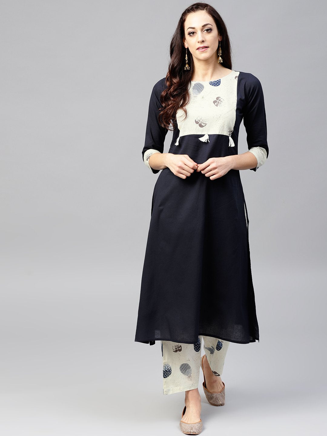 Navy Blue Front Yoke Kurta Set With Printed Palazzo | LASVINI - Redefining Indian Fashion with Elegance