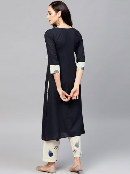 Navy Blue Front Yoke Kurta Set With Printed Palazzo | LASVINI - Redefining Indian Fashion with Elegance