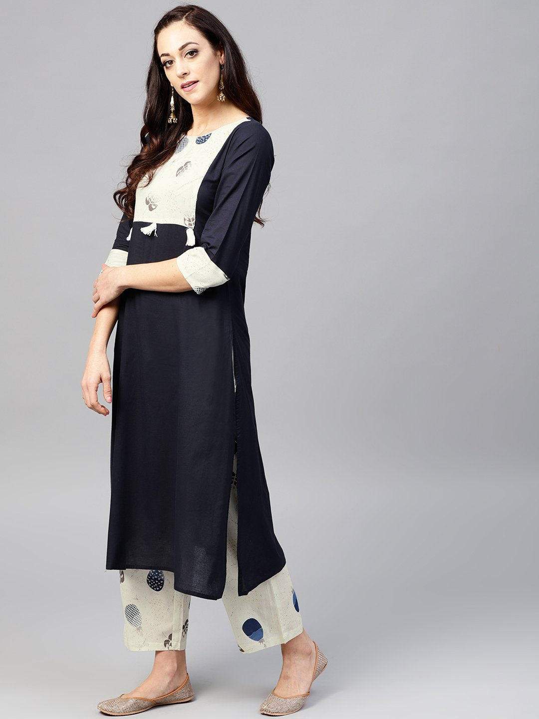 Navy Blue Front Yoke Kurta Set With Printed Palazzo | LASVINI - Redefining Indian Fashion with Elegance