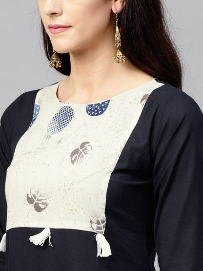 Navy Blue Front Yoke Kurta Set With Printed Palazzo | LASVINI - Redefining Indian Fashion with Elegance