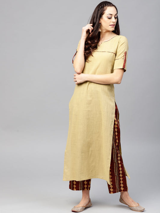 Beige Half Sleeve Cotton Kurta With Ankle Length Printed Palazzo | LASVINI - Redefining Indian Fashion with Elegance