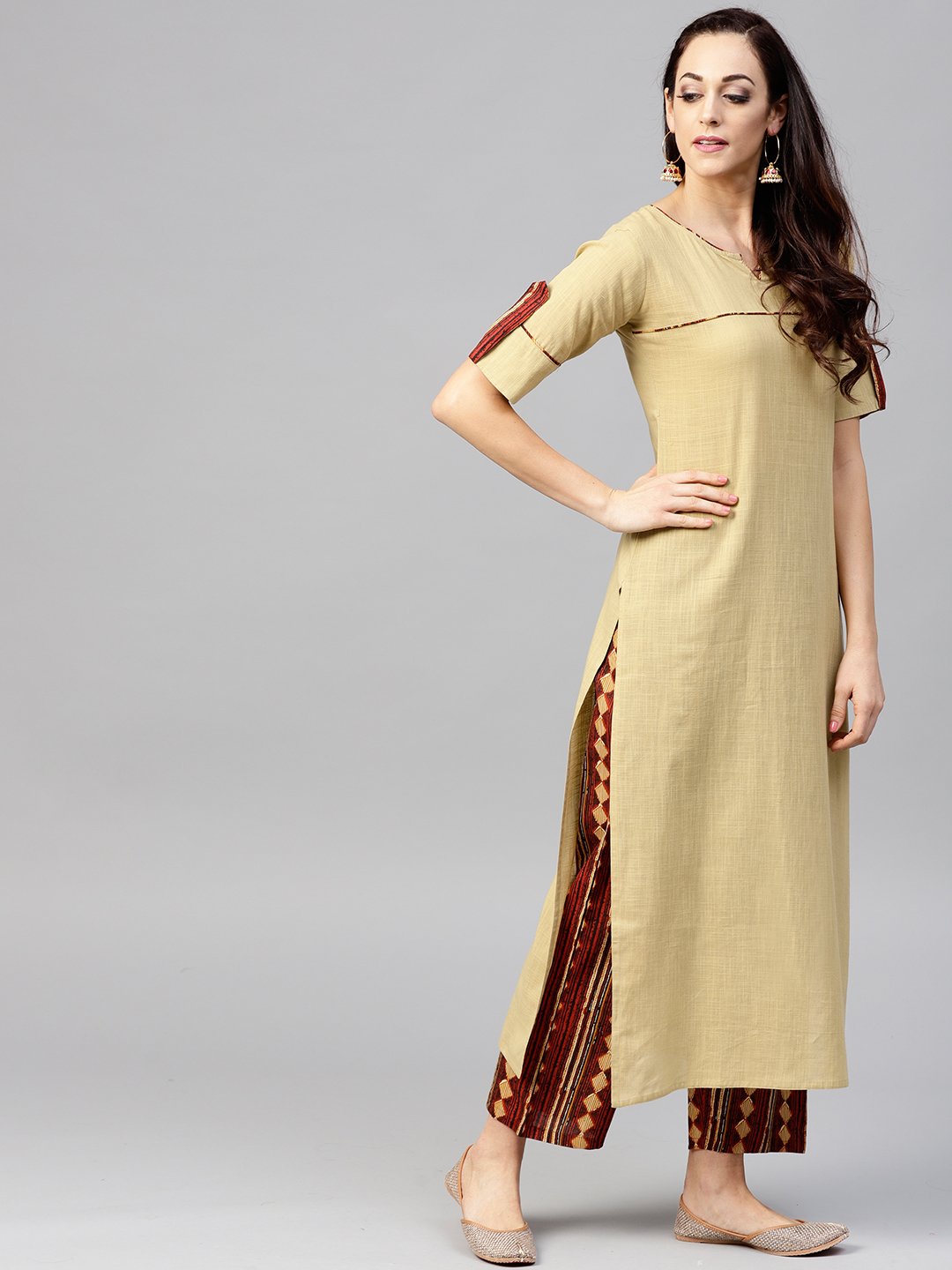 Beige Half Sleeve Cotton Kurta With Ankle Length Printed Palazzo | LASVINI - Redefining Indian Fashion with Elegance