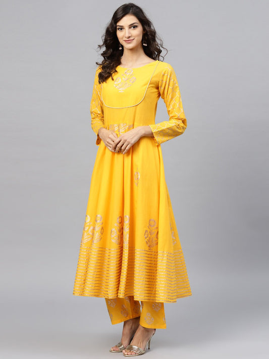 Yellow Self Design Printed 3/4Th Sleeve Cotton Anarkali Kurta With Ankle Length Printed Palazzo | LASVINI - Redefining Indian Fashion with Elegance